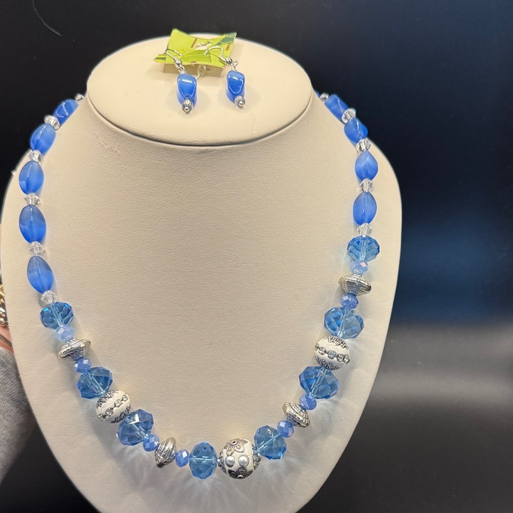 Elegant Blue and Silver Beaded Necklace Set 26 inches